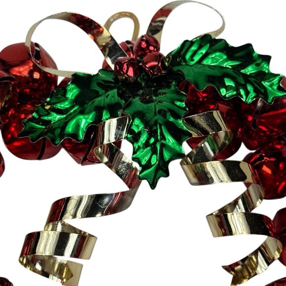 Vintage Red Jingle Bell Wreath Metal Ribbon Holly Leaves Berries 10” Christmas - Picture 4 of 6